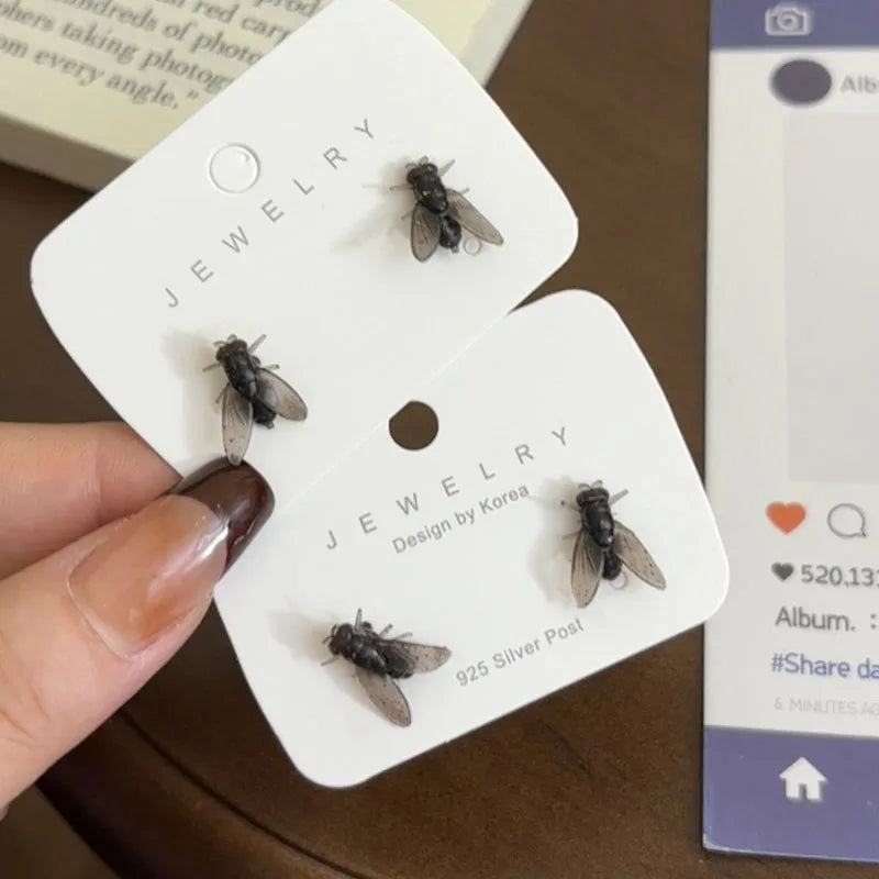 Funny Black Fly Stud Earrings