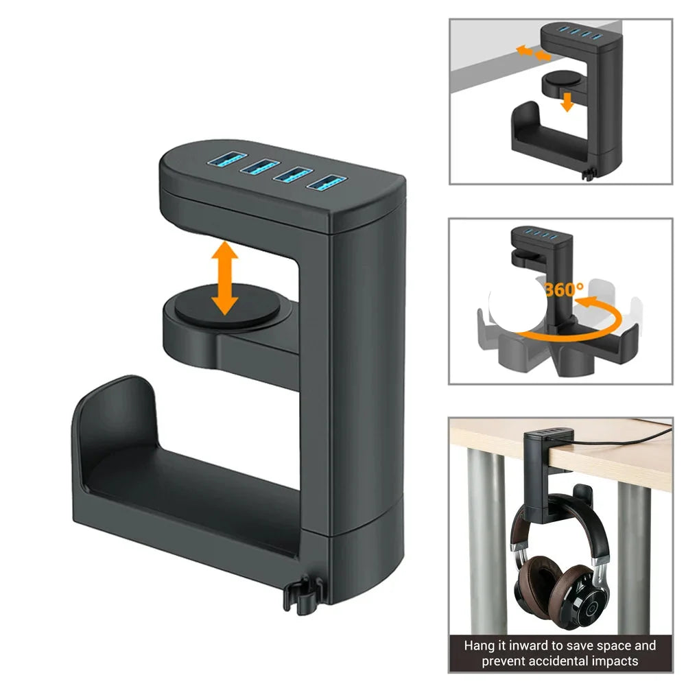 Headphone Stand with 4 USB Port 360° Rotating Clamp