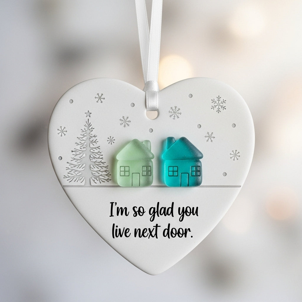 "I'm so glad you live next door" Christmas heart-shaped ornament