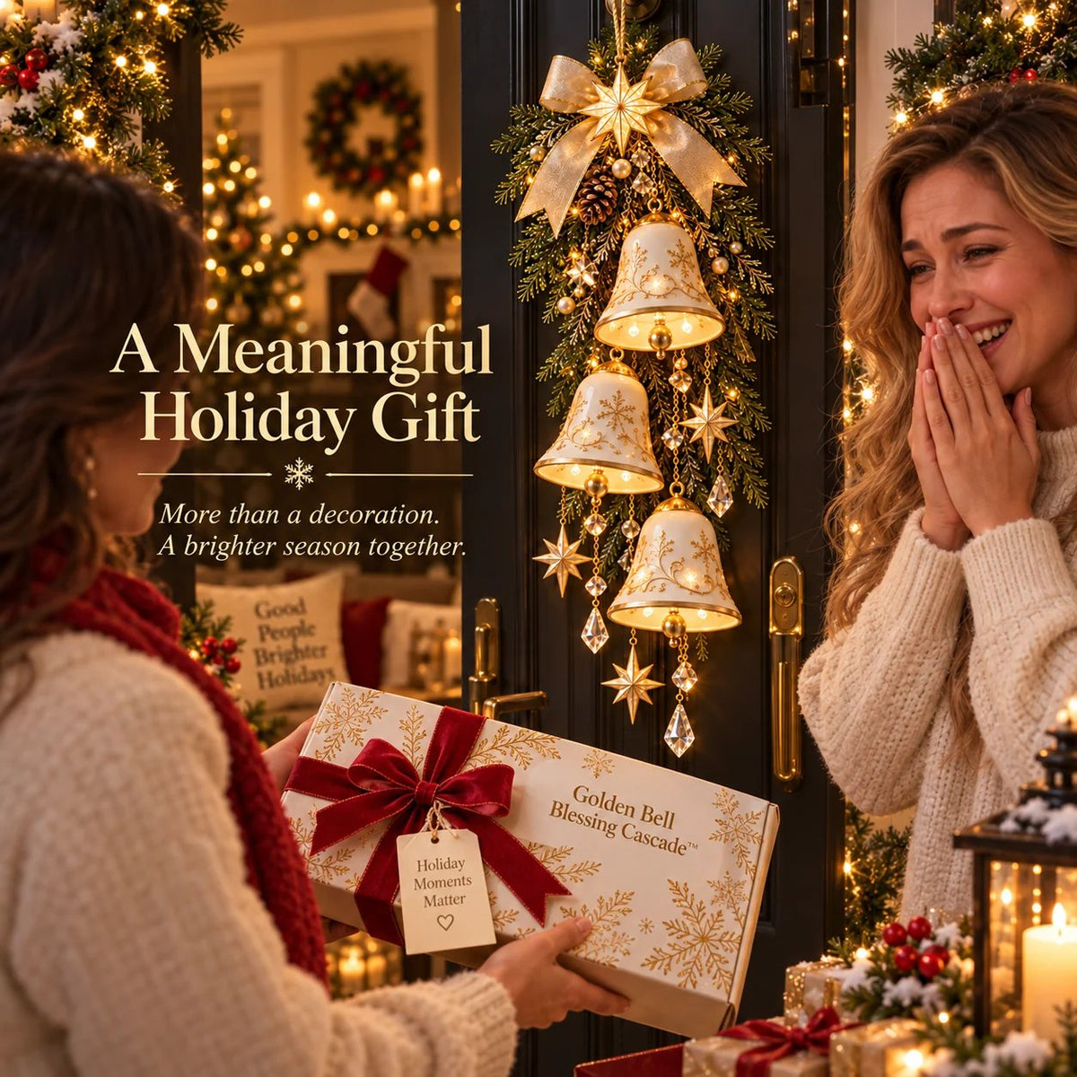 ✨ Golden Bell Blessing Cascade– Lighted Christmas Door Decor