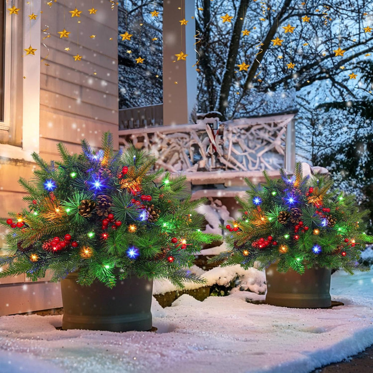 Yeouu | Christmas urn decoration with LED lights | Realistic pine branches & berries | Indoor and outdoor