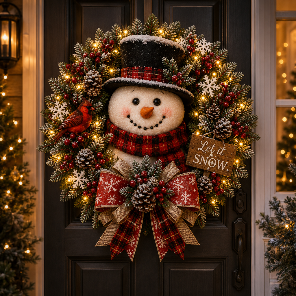 Snowman Lighted Christmas Wreath™ – Festive Holiday Door Decor