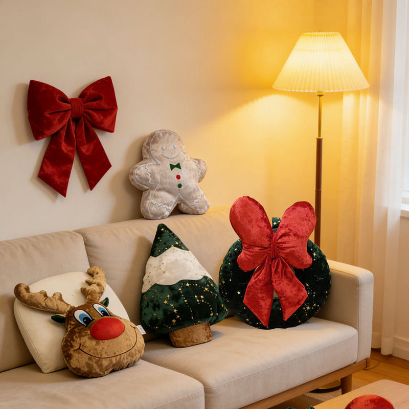 Christmas plush toys and decorative cushions, various designs