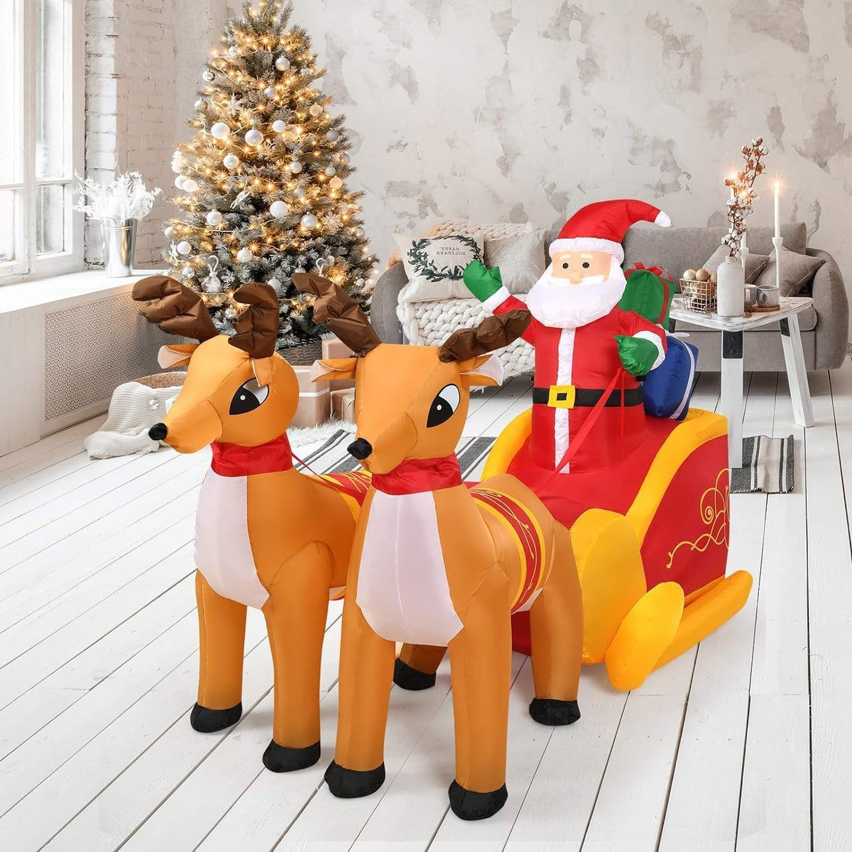 Yeouu | Inflatable Santa Claus Christmas Decor -  Inflatable Santa on Sleigh with Reindeer Holiday Decoration
