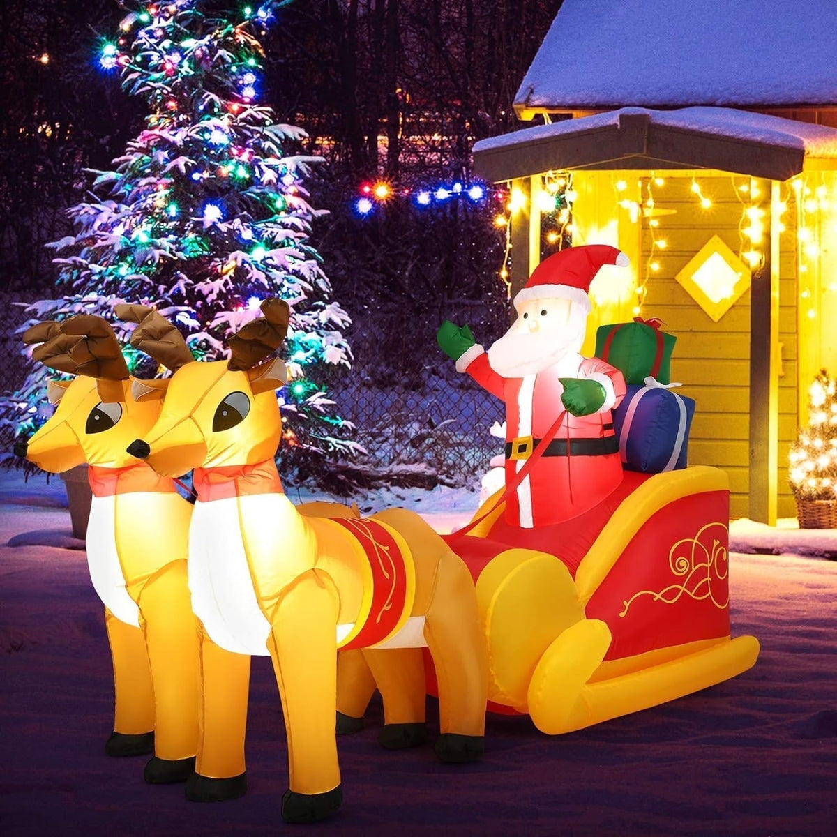 Yeouu | Inflatable Santa Claus Christmas Decor -  Inflatable Santa on Sleigh with Reindeer Holiday Decoration