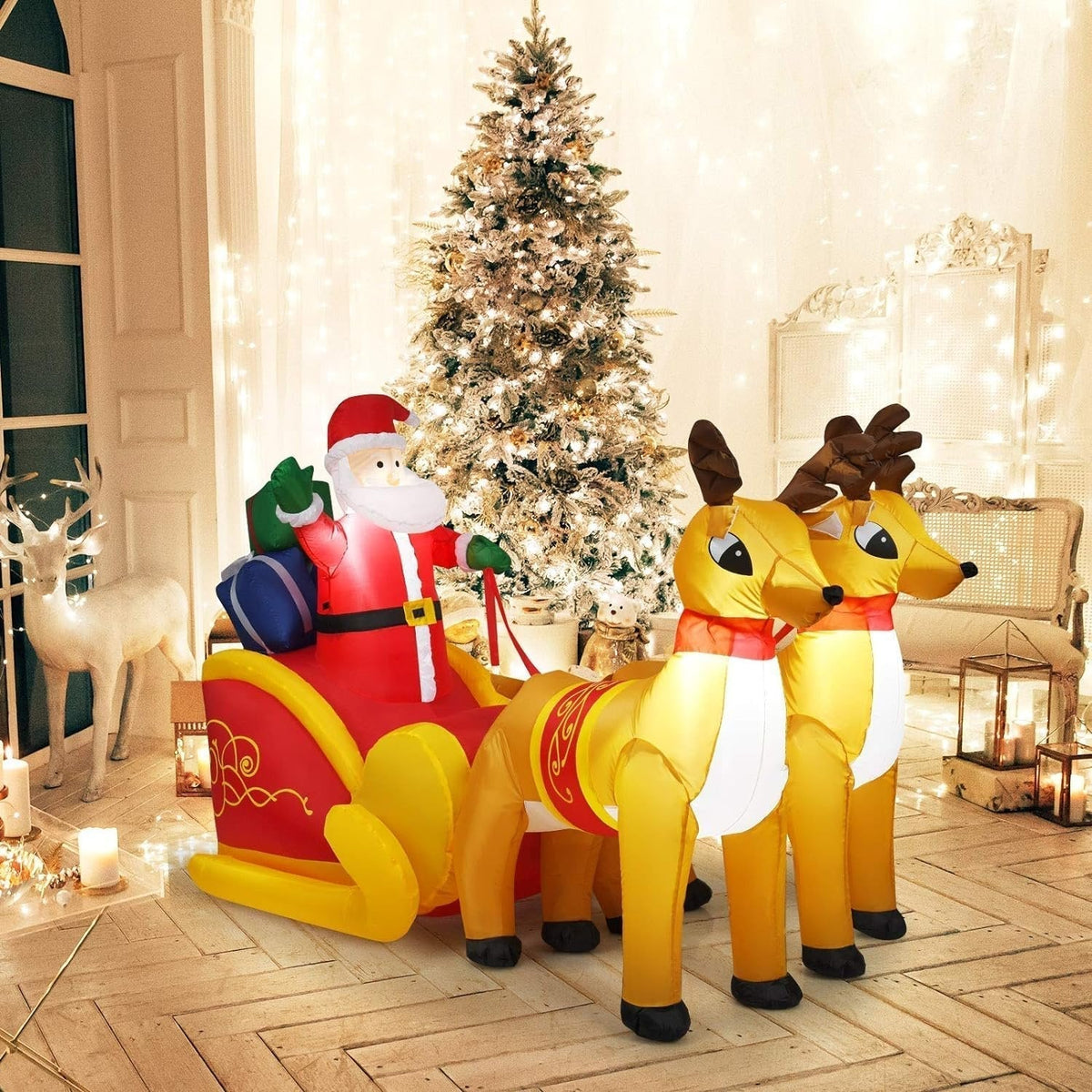 Yeouu | Inflatable Santa Claus Christmas Decor -  Inflatable Santa on Sleigh with Reindeer Holiday Decoration