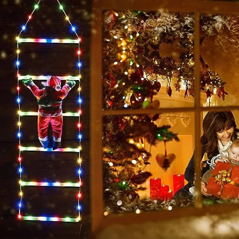 Yeouu | Santa Claus Climbing Ladder with LED String Lights – Festive Christmas Decor for Home, Window & Tree