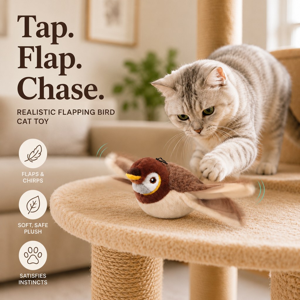 Yeouus Rechargeable Flapping Bird Cat Toy for Indoor Cats - Tap-Activated Plush Kicker Toy for Boredom Relief & Hunting Instinct Play