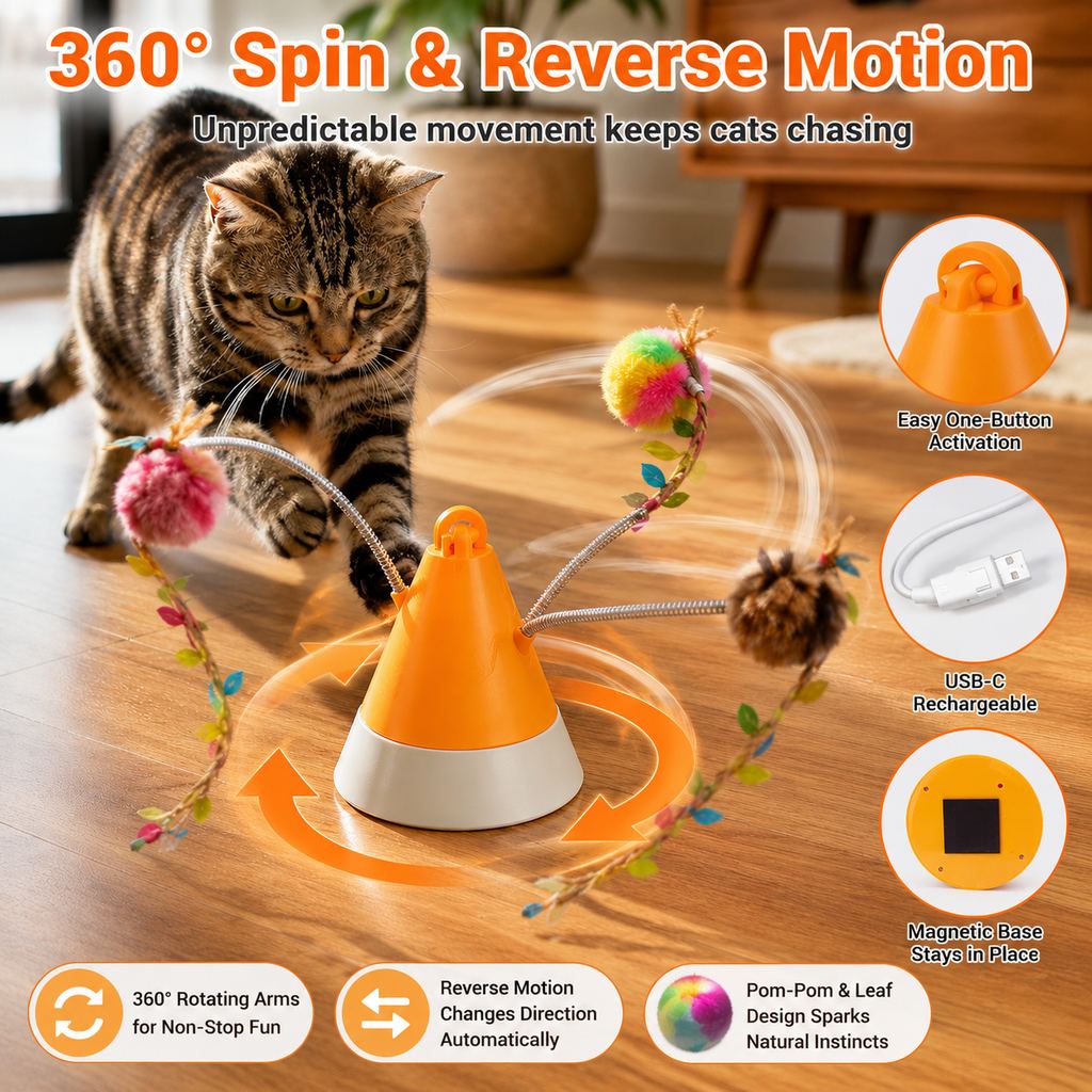 Yeouus MiaSpin 360 Magnetic Rotating Cat Teaser Toy for Indoor Cats - USB-C Hands-Free Play to Beat Boredom