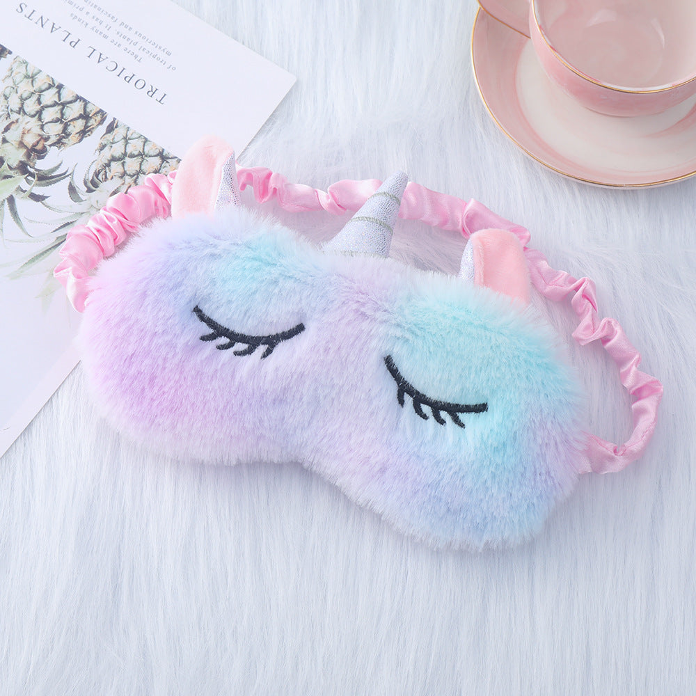 Ladies nan cozy unicorn sleep mask with embroidered eyelashes, soft plush and elastic ruffled ribbon 
Maetiva