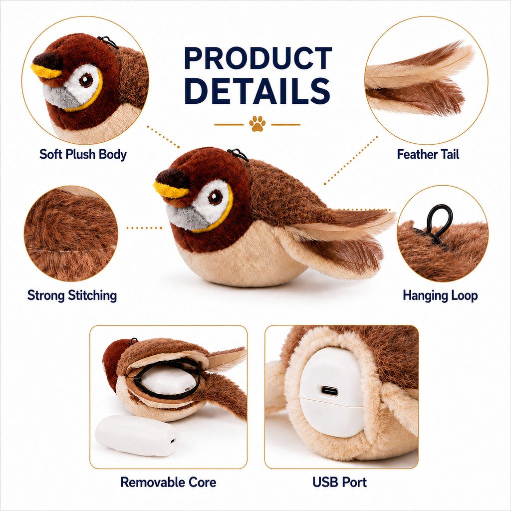 Yeouus Rechargeable Flapping Bird Cat Toy for Indoor Cats - Tap-Activated Plush Kicker Toy for Boredom Relief & Hunting Instinct Play
