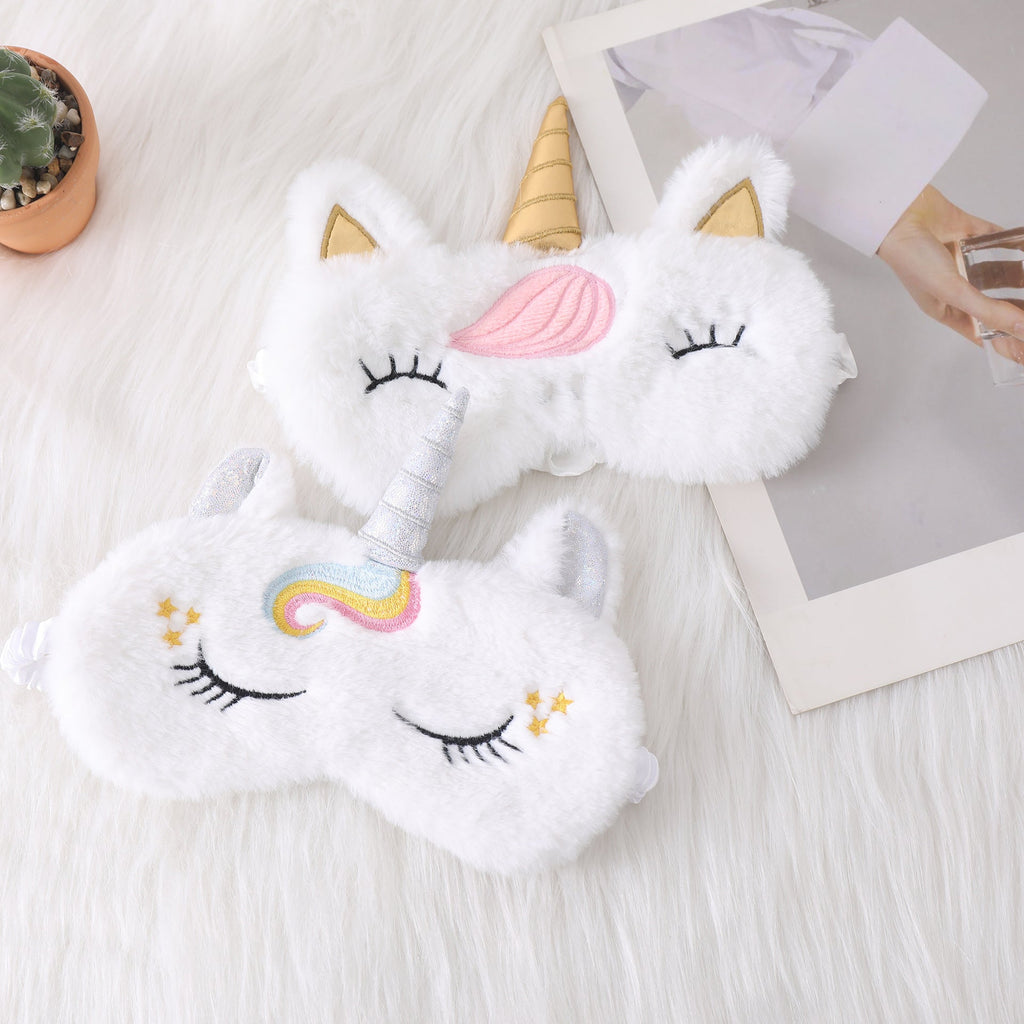 Ladies nan cozy unicorn sleep mask with embroidered eyelashes, soft plush and elastic ruffled ribbon 
Maetiva