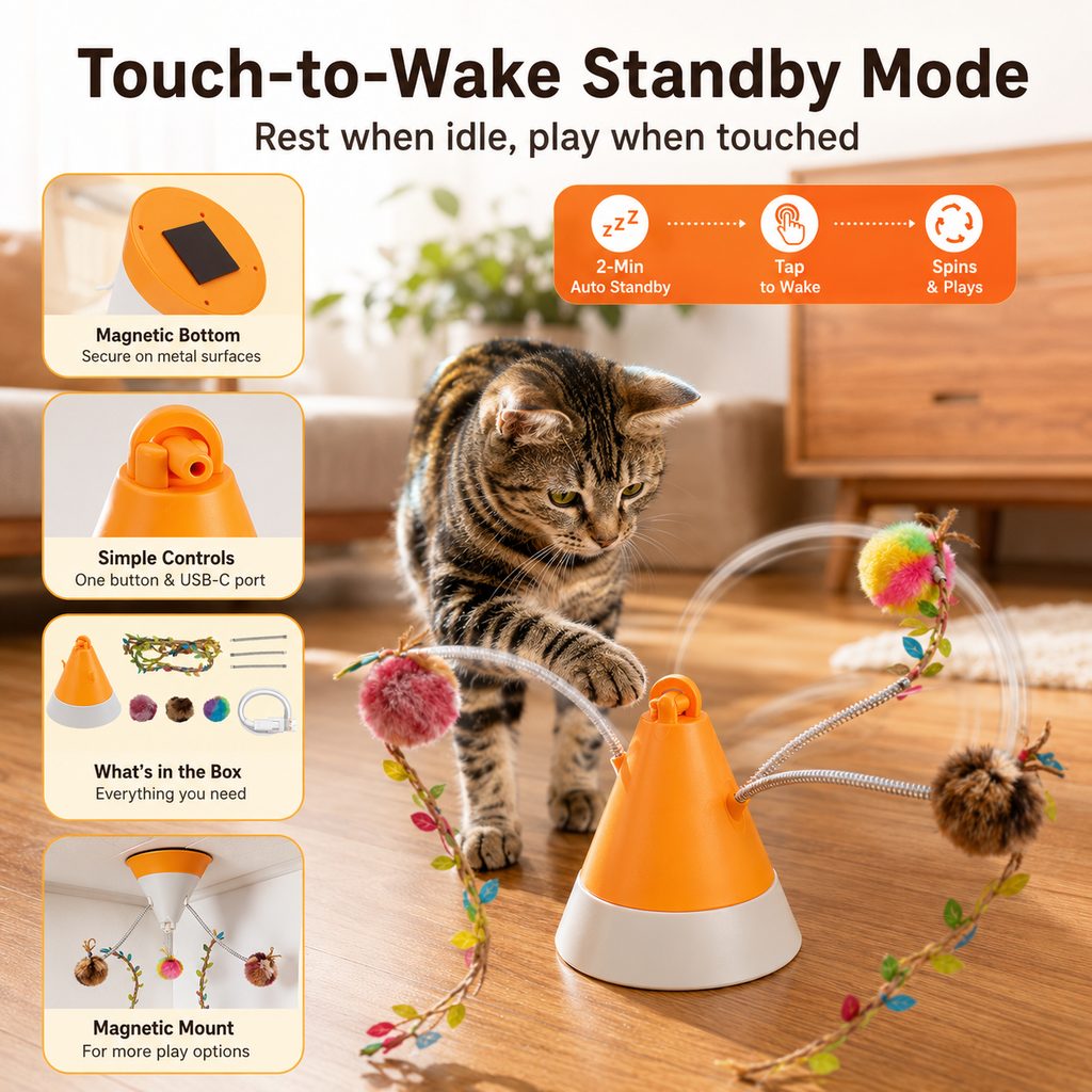 Yeouus MiaSpin 360 Magnetic Rotating Cat Teaser Toy for Indoor Cats - USB-C Hands-Free Play to Beat Boredom