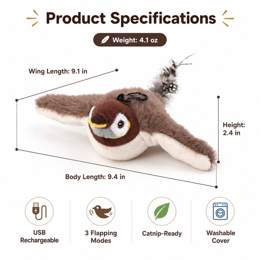 Yeouus Rechargeable Flapping Bird Cat Toy for Indoor Cats - Tap-Activated Plush Kicker Toy for Boredom Relief & Hunting Instinct Play