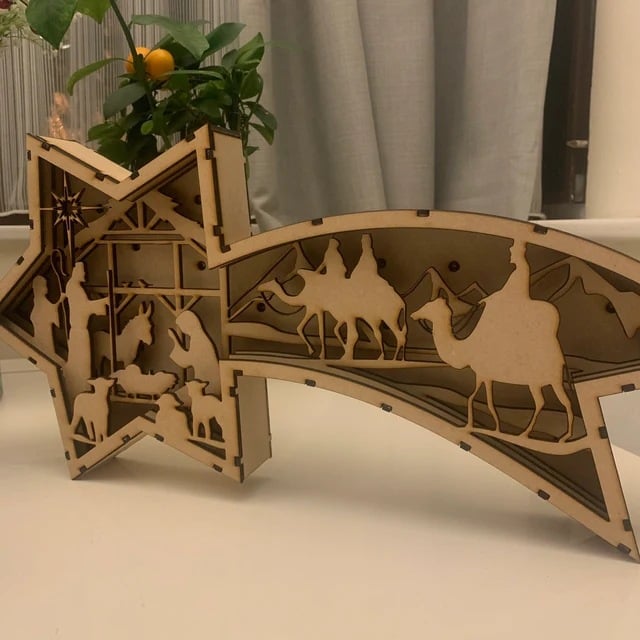 Yeouu | LED Christmas decorations in wood Nativity Scene Star-shaped desk lamp