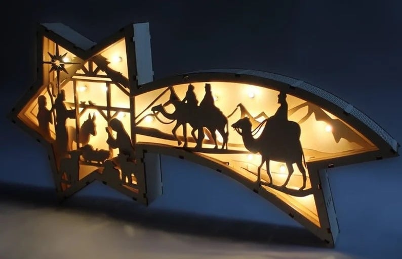 Yeouu | LED Christmas decorations in wood Nativity Scene Star-shaped desk lamp